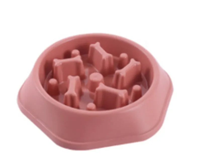 Household bone-shaped anti-choking slow food dog bowl in PP plastic, available in six colours, designed for slower canine feeding