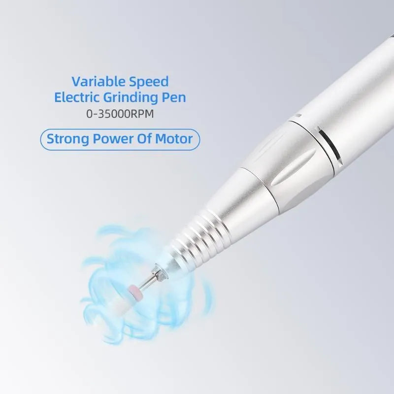 White portable rechargeable nail drill machine with handpiece, handpiece support, and USB cable on a white background