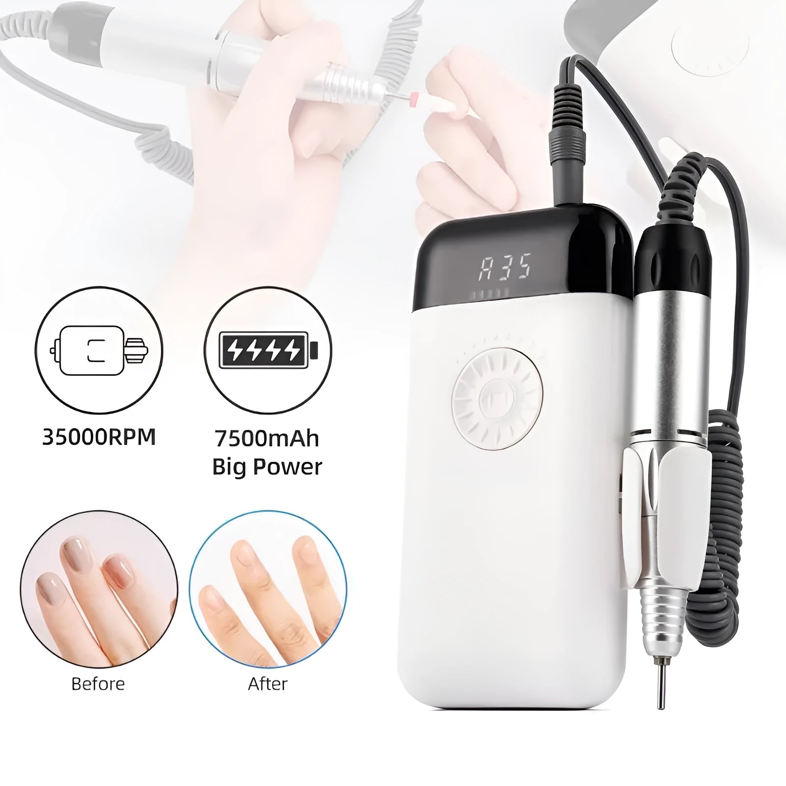 White portable rechargeable nail drill machine with handpiece, handpiece support, and USB cable on a white background