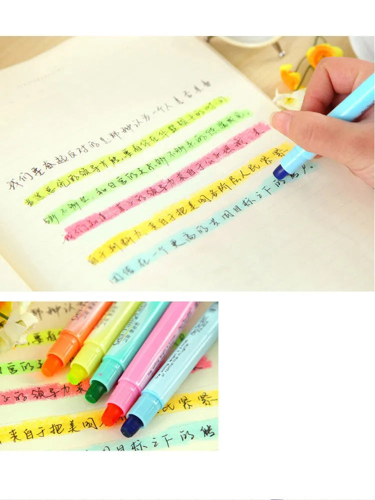 Set of six solid barrel highlighter marker pens with round tips in assorted fluorescent colours.
