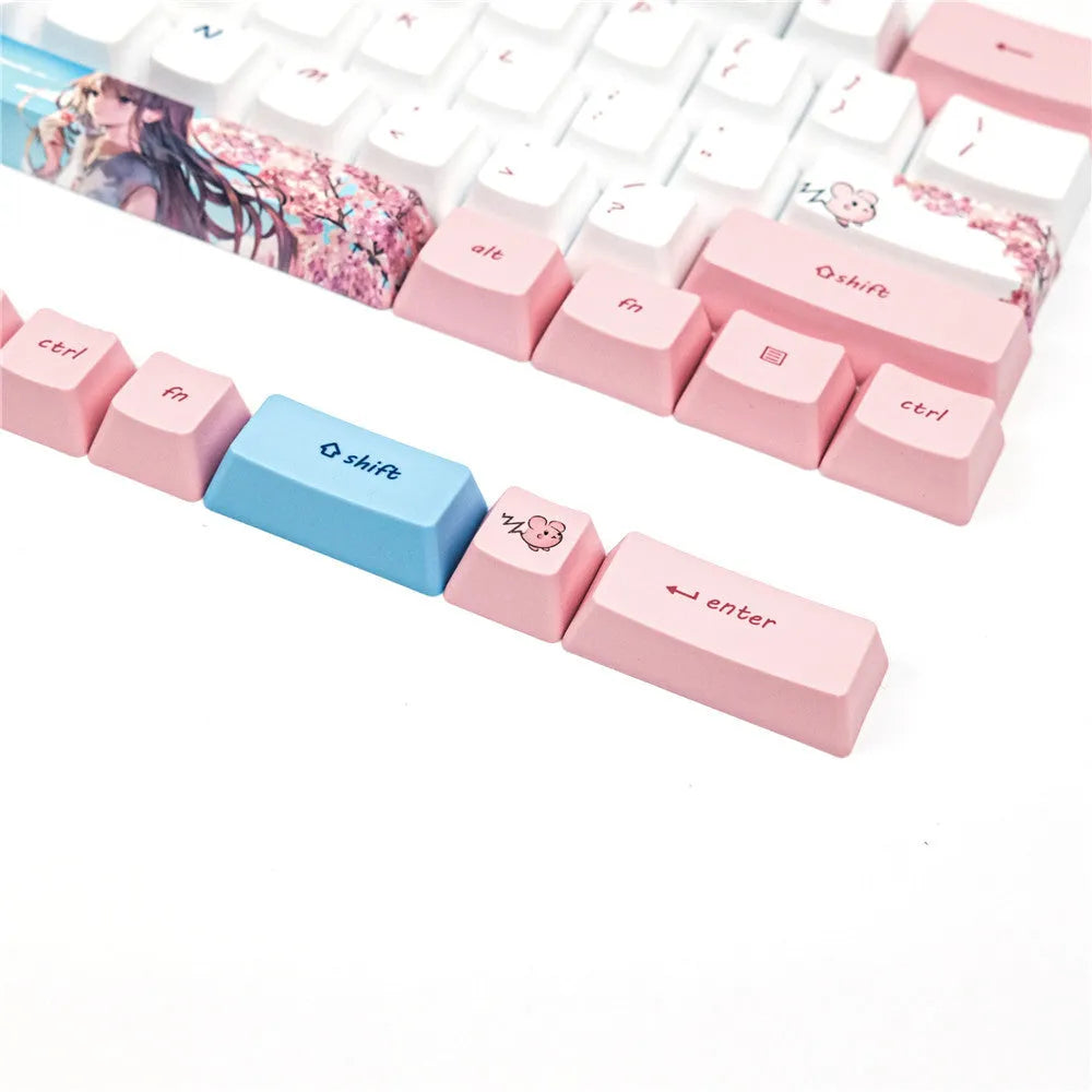 PBT sublimation keycap set with cartoon animation cherry blossom girl design for GK61 mechanical keyboards