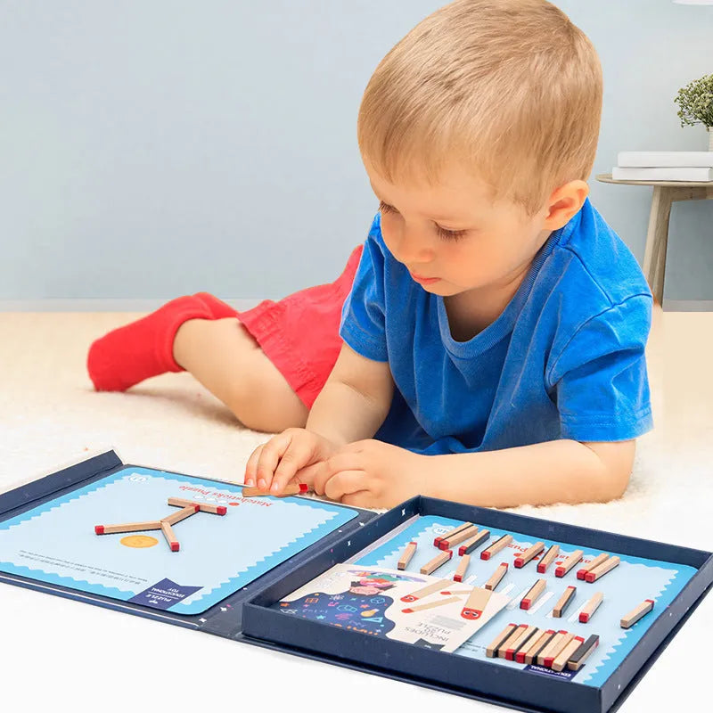 Montessori wooden educational toy with question cards and matches for children's thinking puzzles.