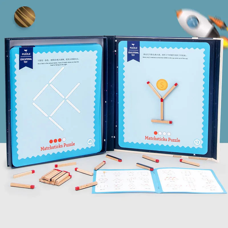 Montessori wooden educational toy with question cards and matches for children's thinking puzzles.