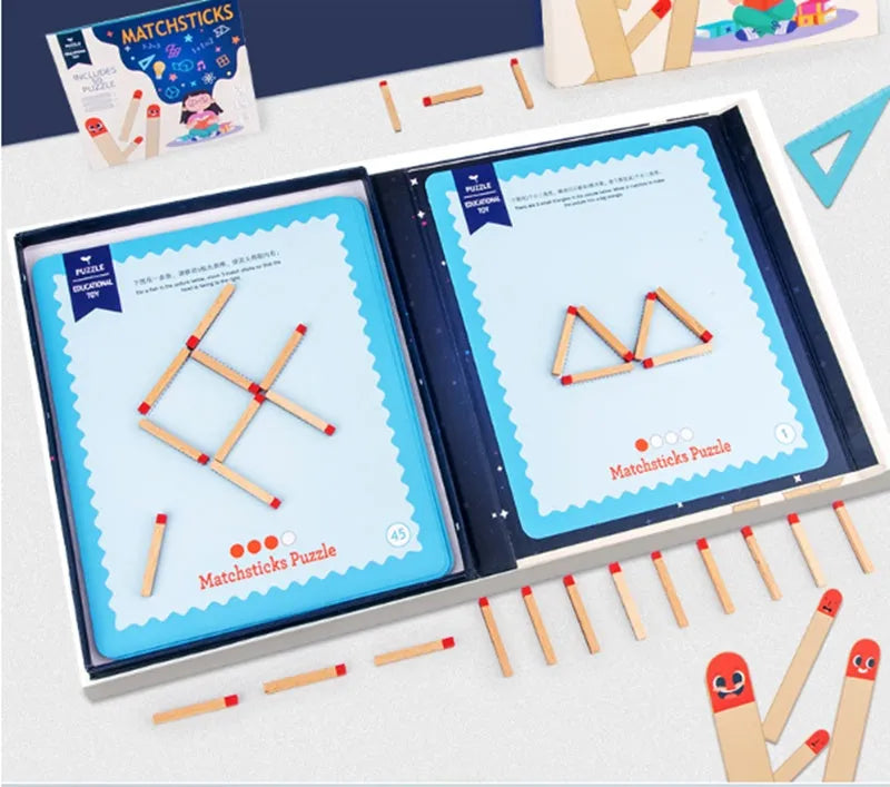 Montessori wooden educational toy with question cards and matches for children's thinking puzzles.