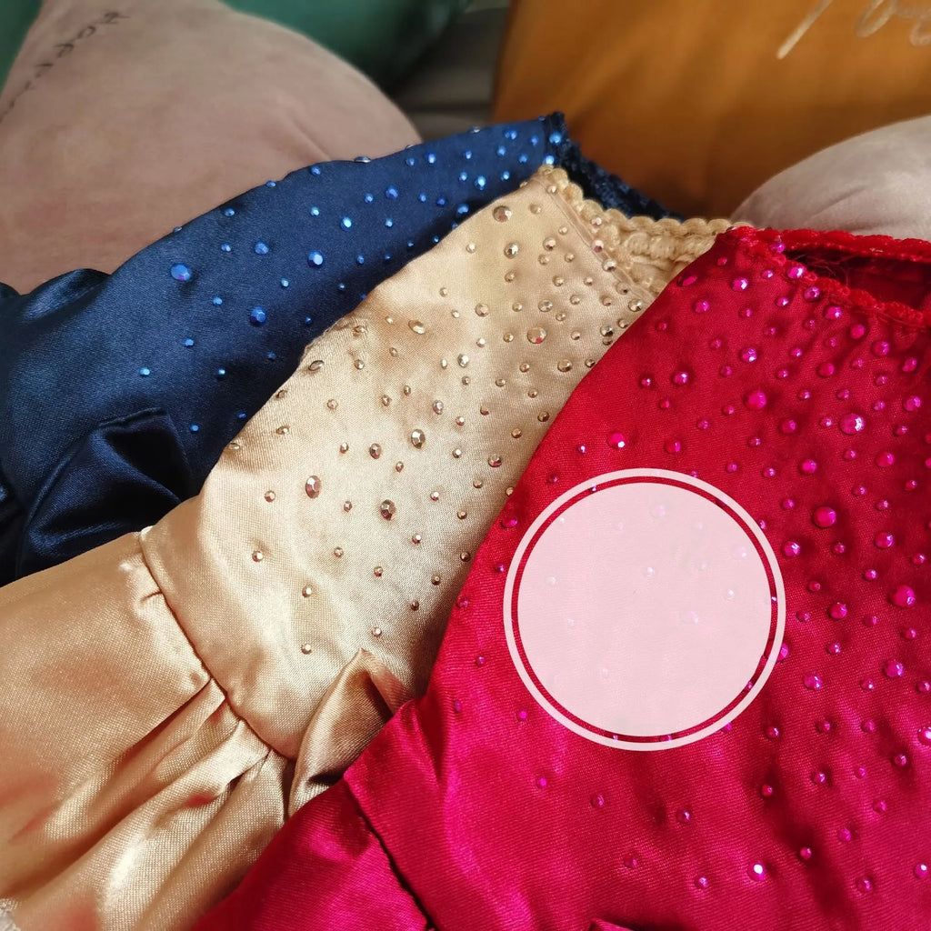 Artificial silk princess skirt for cats and dogs in blue, champagne, and red colours, sizes XS to XL