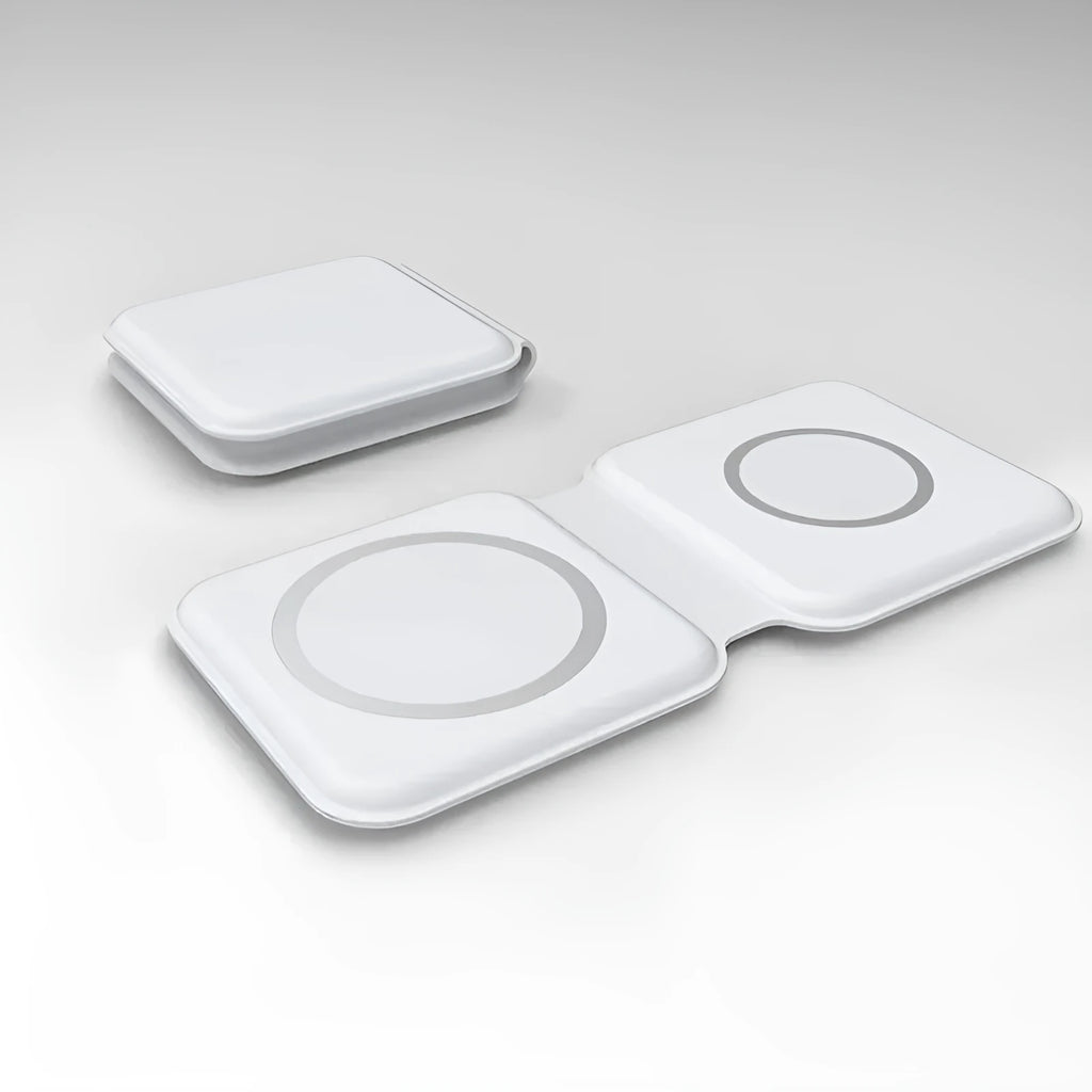 White 2 in 1 magnetic wireless charger with foldable design and dual charging pads