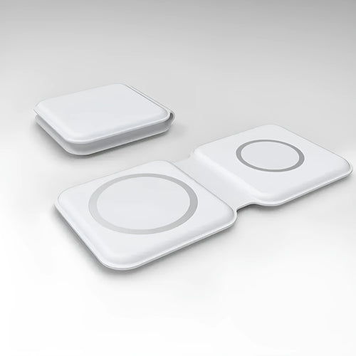 White 2 in 1 magnetic wireless charger with foldable design and dual charging pads