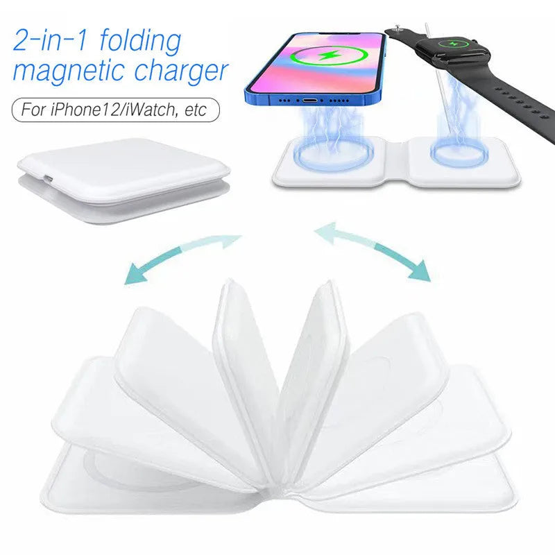 White 2 in 1 magnetic wireless charger with foldable design and dual charging pads