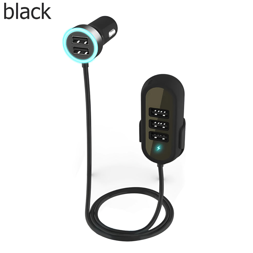 Black and white car rear seat charger with 6.8A USB output, 12-24V input and ABS PC housing