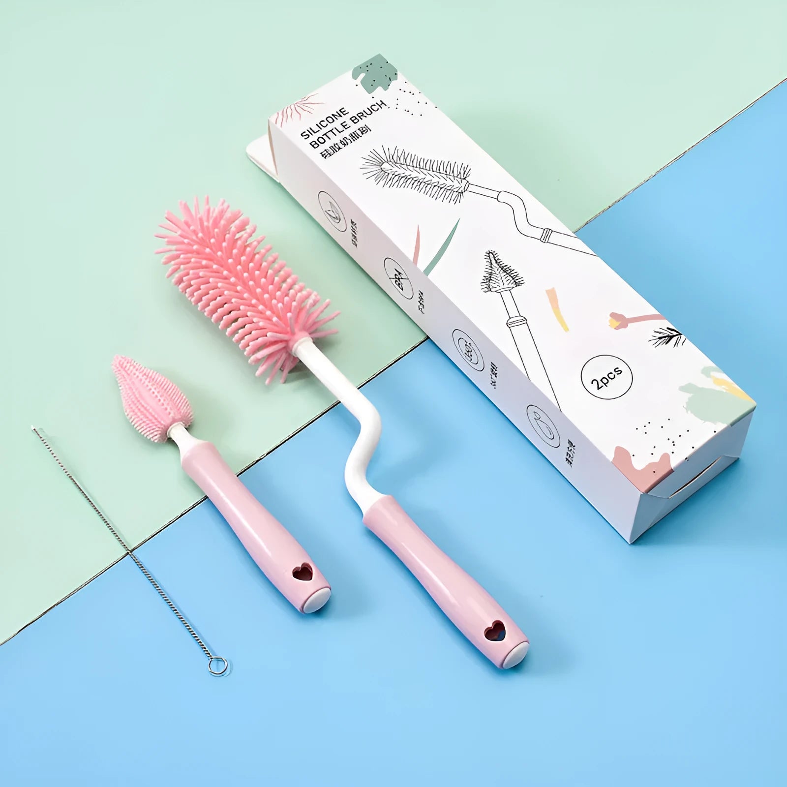 Silicone baby bottle cleaning brush set with different brush heads for bottles and straws