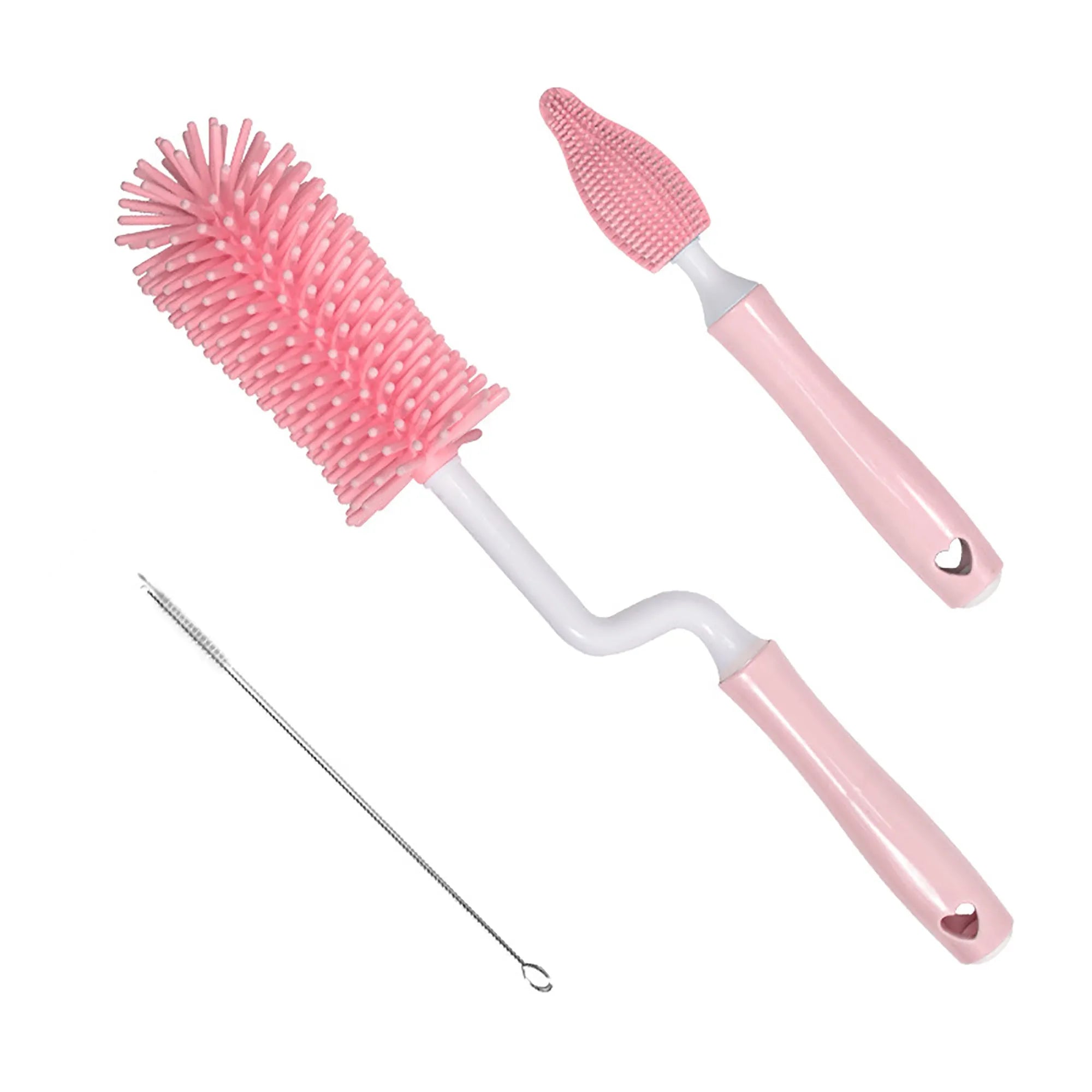 Silicone baby bottle cleaning brush set with different brush heads for bottles and straws