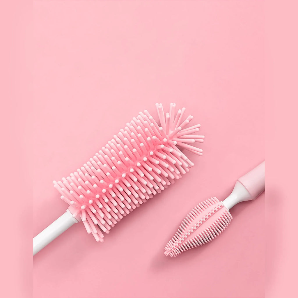 Silicone baby bottle cleaning brush set with different brush heads for bottles and straws