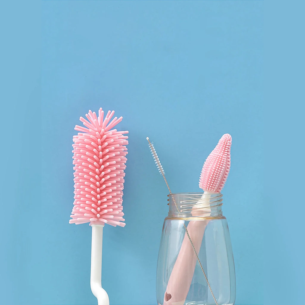 Silicone baby bottle cleaning brush set with different brush heads for bottles and straws