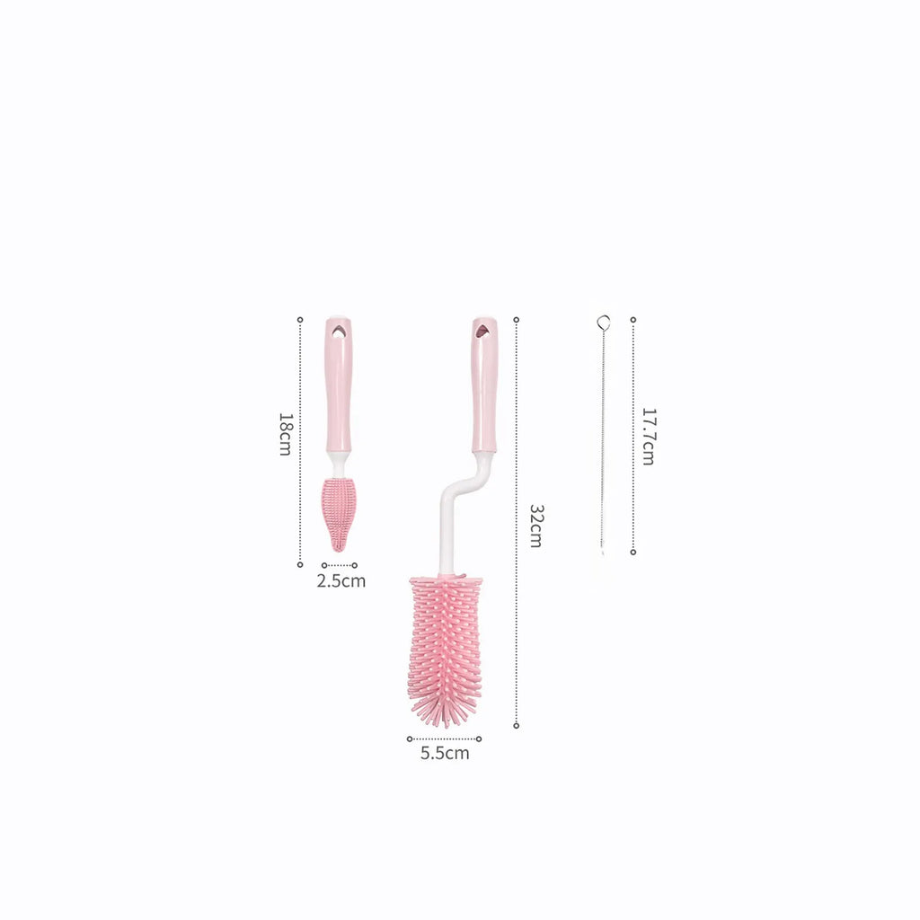 Silicone baby bottle cleaning brush set with different brush heads for bottles and straws
