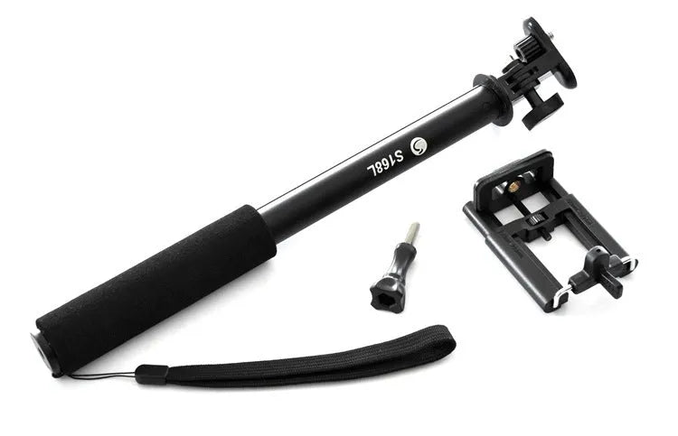 Aluminum alloy telescopic selfie stick with phone holder in black, gold, and pink colour options.