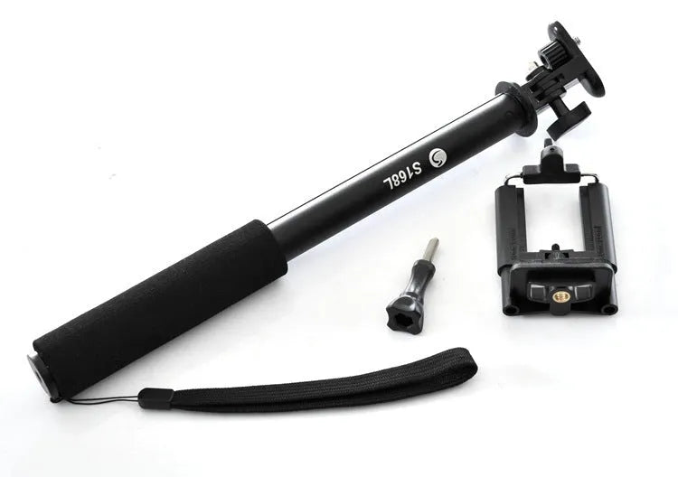 Aluminum alloy telescopic selfie stick with phone holder in black, gold, and pink colour options.