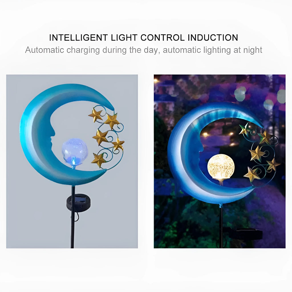 Blue solar garden light with hollow wrought iron moon design and moon crack glass ball