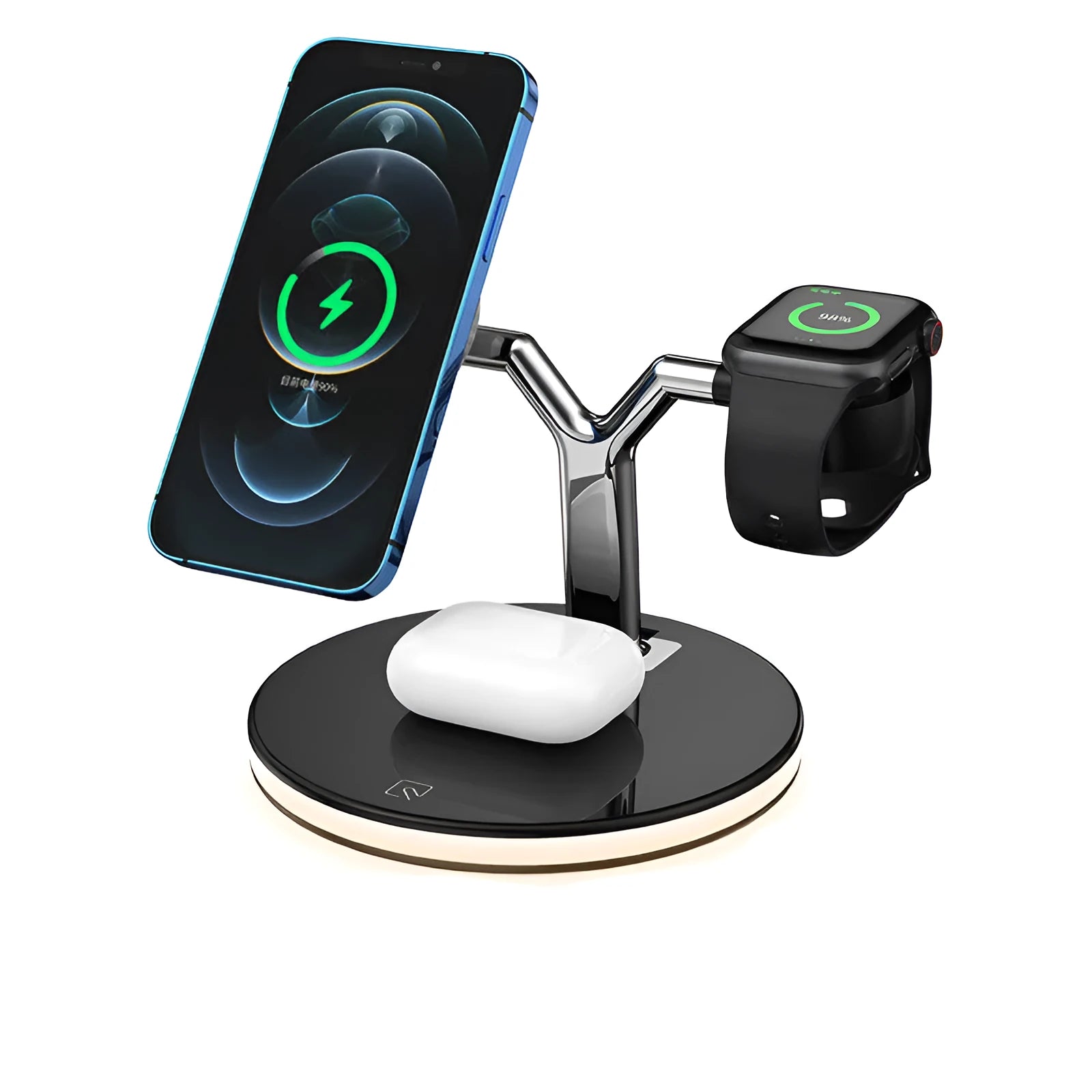 15W three-in-one wireless fast charger with magnetic alignment in black and white colours