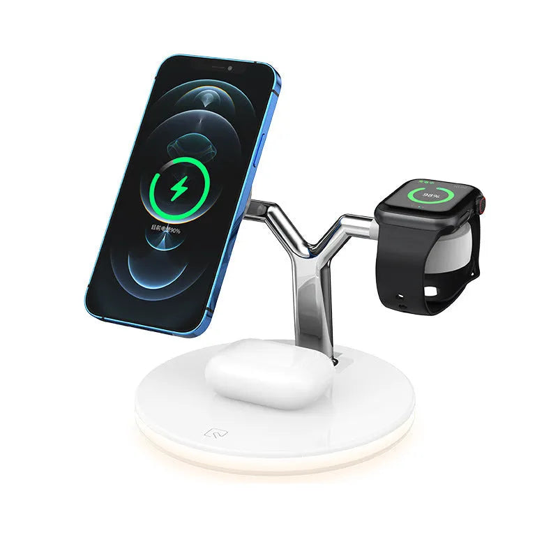 15W three-in-one wireless fast charger with magnetic alignment in black and white colours