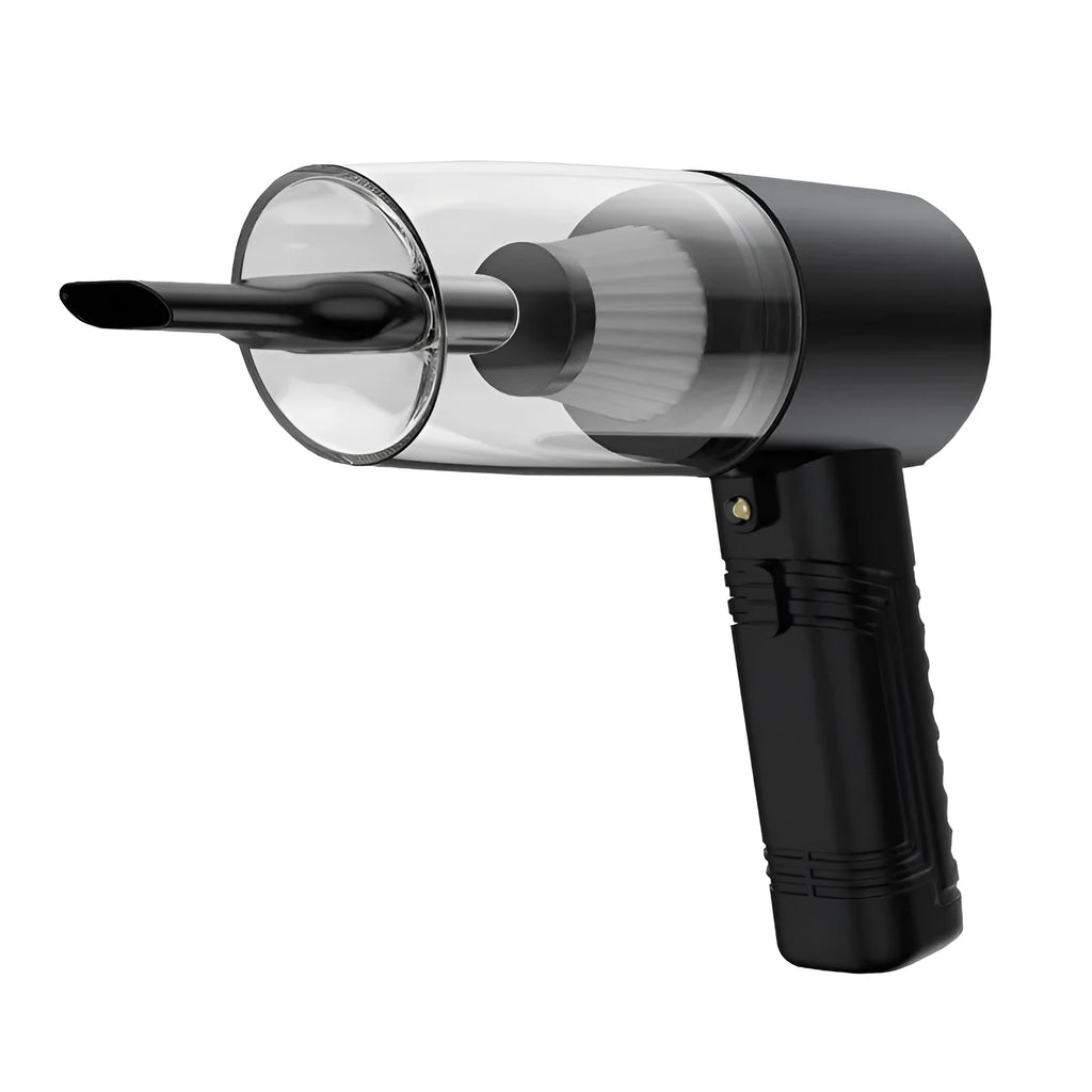 A black 12V car and home vacuum cleaner with a long power cord and set of accessory cleaning heads.