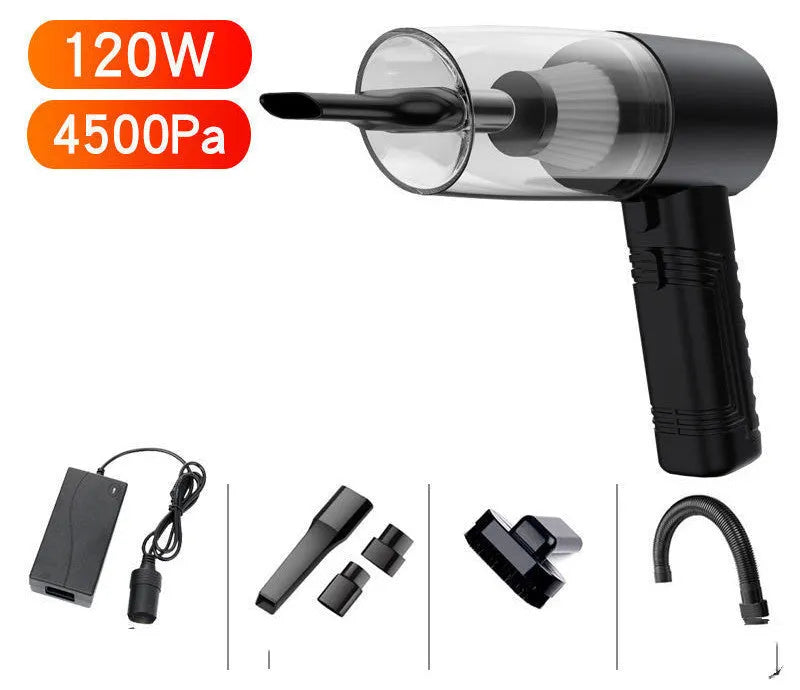 A black 12V car and home vacuum cleaner with a long power cord and set of accessory cleaning heads.