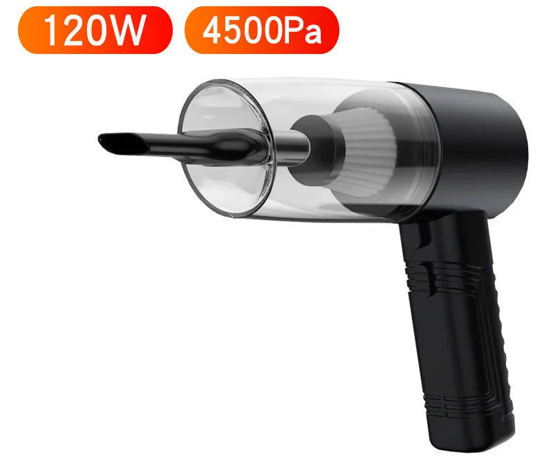 A black 12V car and home vacuum cleaner with a long power cord and set of accessory cleaning heads.