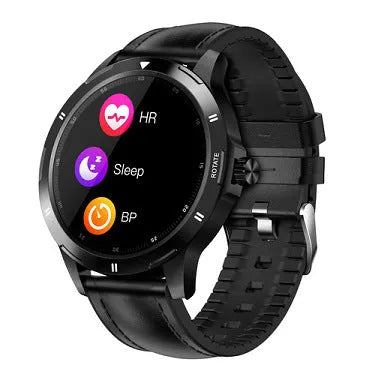 Waterproof smart bracelet with a circular 1.28-inch IPS screen and a black silicone strap on a wrist.