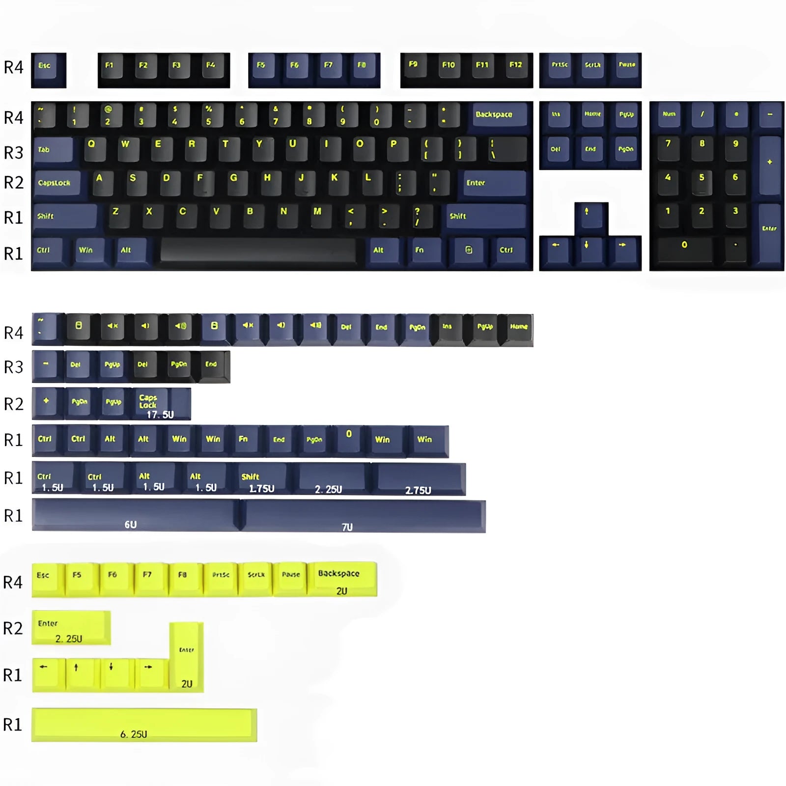 Two-colour PBT mechanical keyboard keycaps in multiple colour configurations