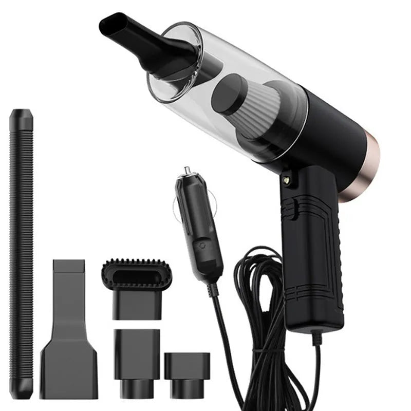 A black 12V car and home vacuum cleaner with a long power cord and set of accessory cleaning heads.