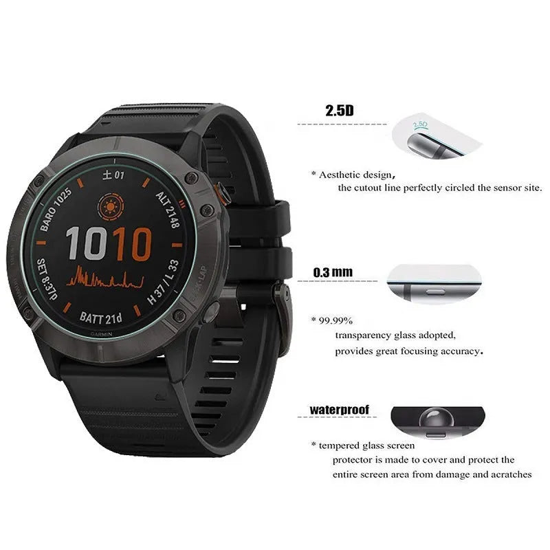 Tempered glass screen protector for Garmin Fenix 6 Pro watch face, transparent front film