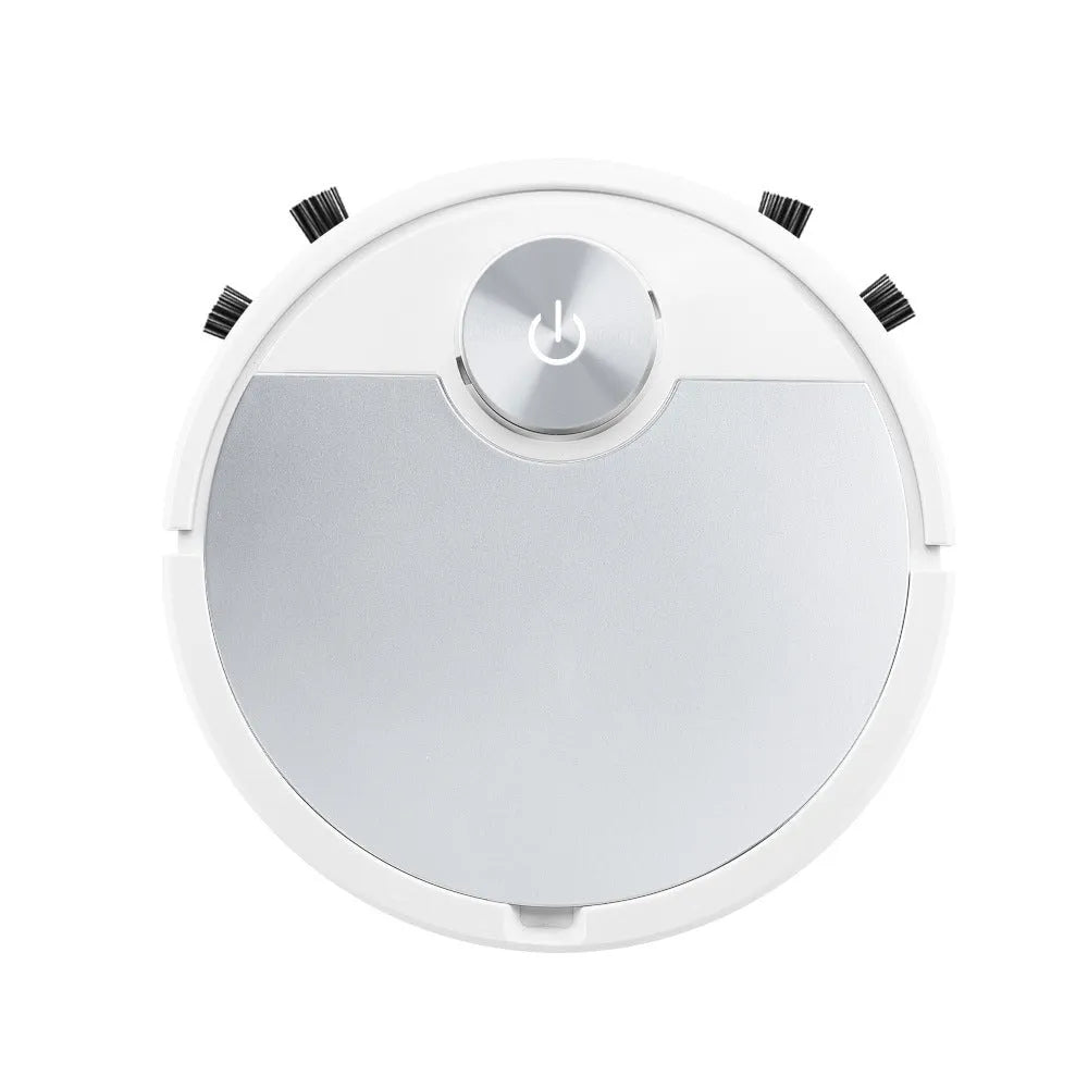 Golden robotic vacuum cleaner with remote control on wooden floor