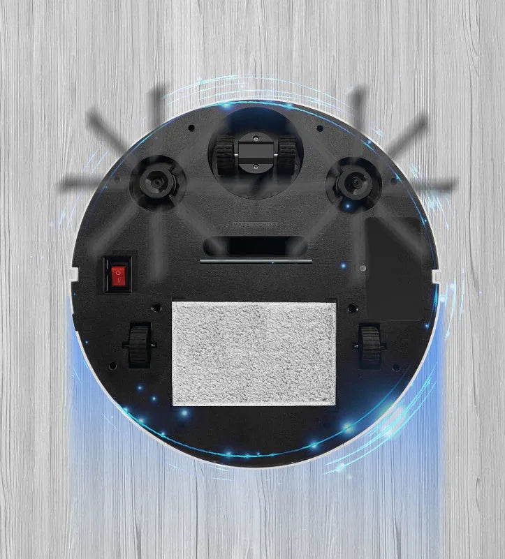 Golden robotic vacuum cleaner with remote control on wooden floor