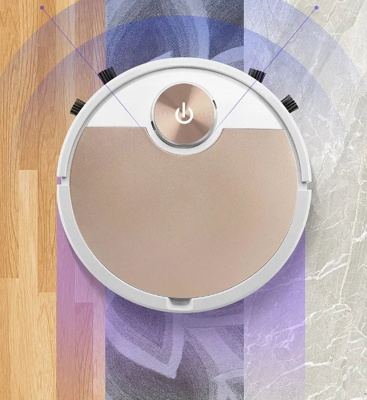 Golden robotic vacuum cleaner with remote control on wooden floor