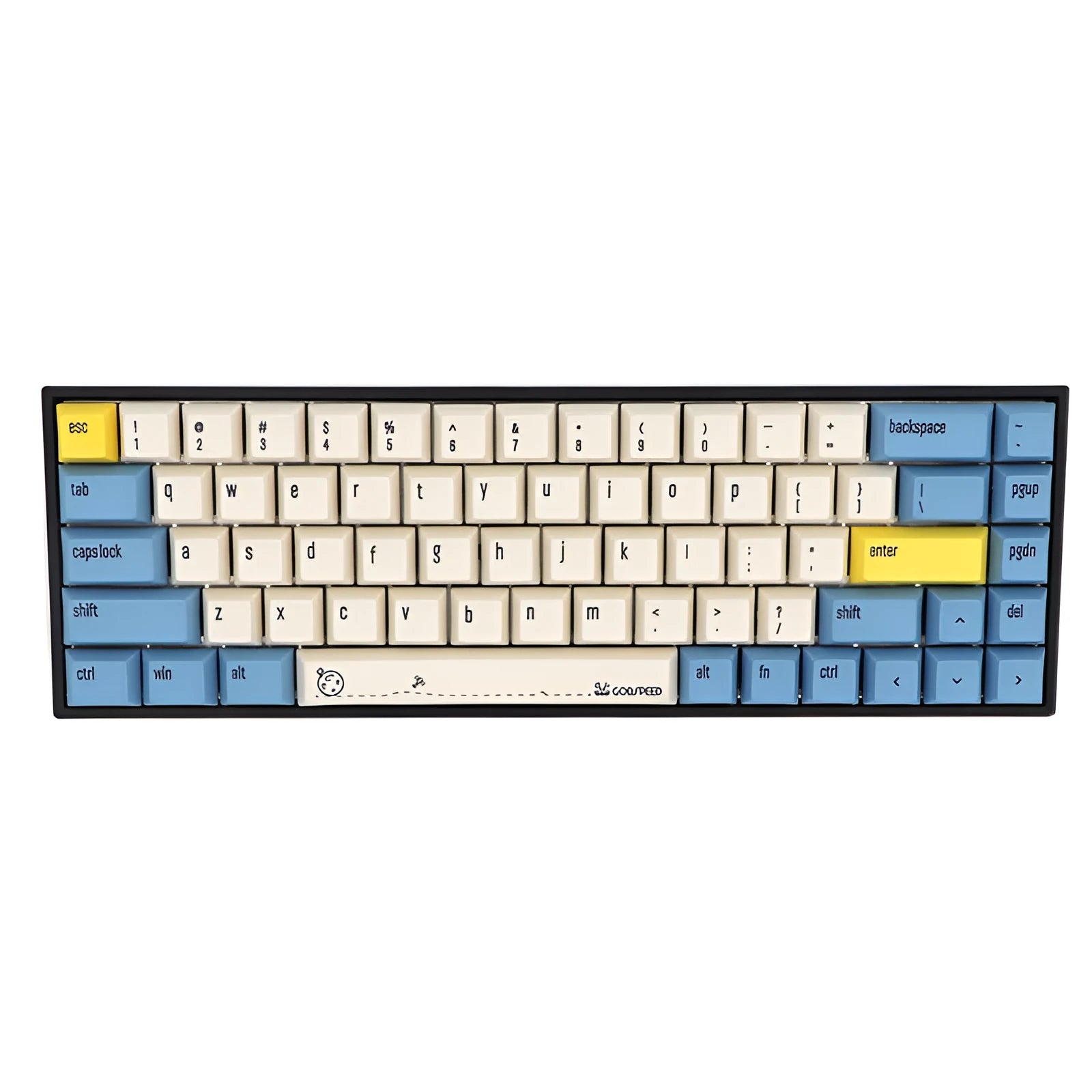 Set of 68 PBT keycaps for a mechanical keyboard in assorted colours with dye-sublimated white legends.