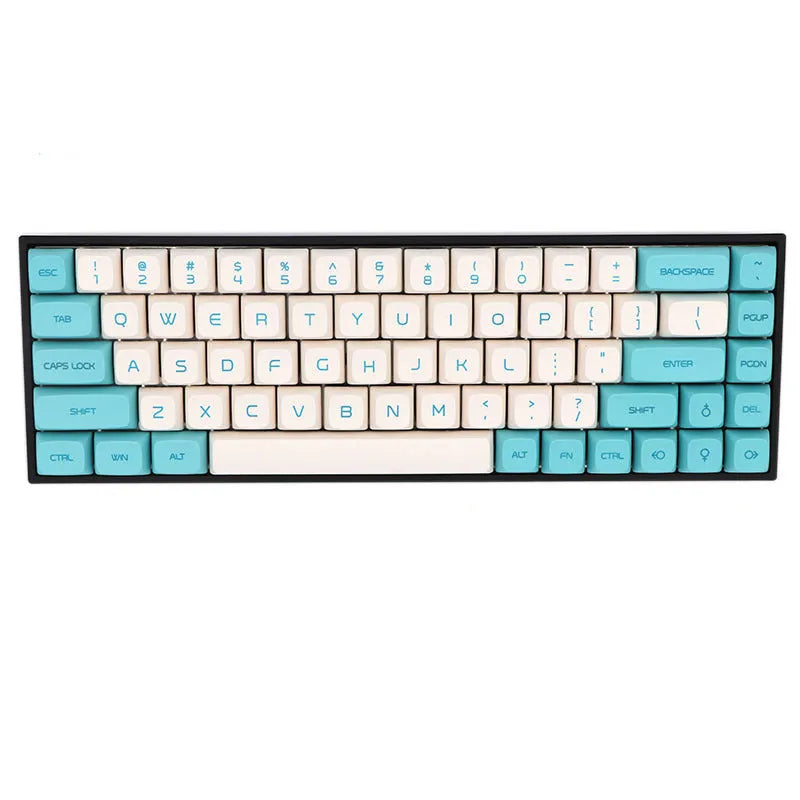 Set of 68 PBT keycaps for a mechanical keyboard in assorted colours with dye-sublimated white legends.