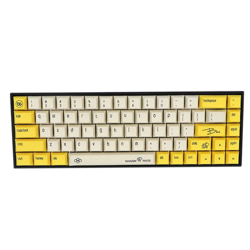 Set of 68 PBT keycaps for a mechanical keyboard in assorted colours with dye-sublimated white legends.
