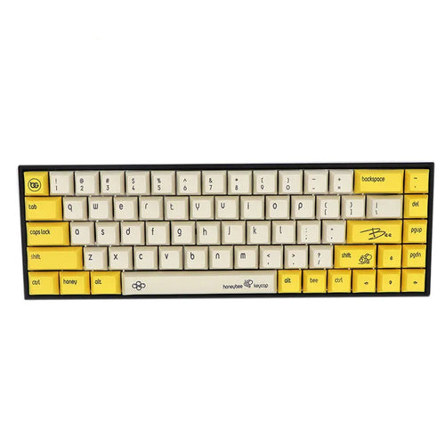 Set of 68 PBT keycaps for a mechanical keyboard in assorted colours with dye-sublimated white legends.