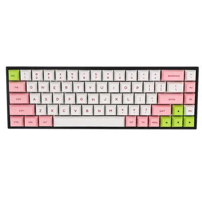 Set of 68 PBT keycaps for a mechanical keyboard in assorted colours with dye-sublimated white legends.