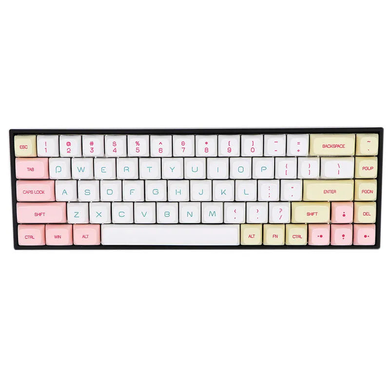 Set of 68 PBT keycaps for a mechanical keyboard in assorted colours with dye-sublimated white legends.