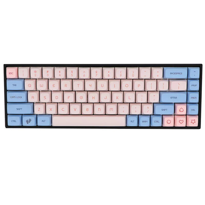 Set of 68 PBT keycaps for a mechanical keyboard in assorted colours with dye-sublimated white legends.