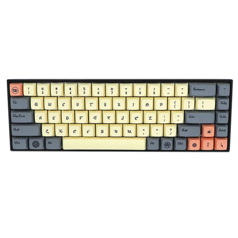 Set of 68 PBT keycaps for a mechanical keyboard in assorted colours with dye-sublimated white legends.