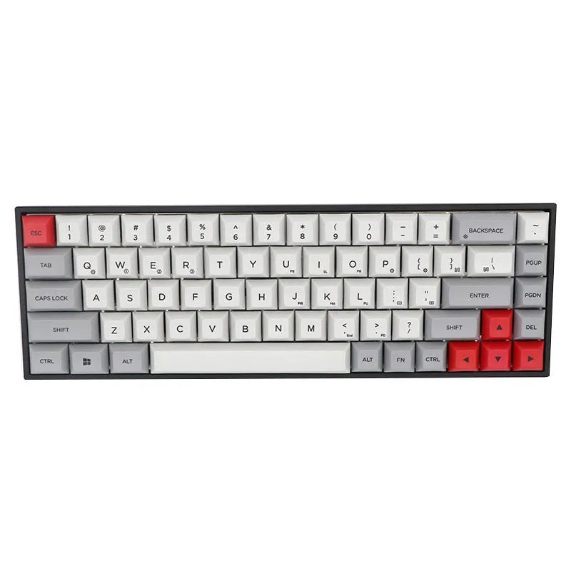 Set of 68 PBT keycaps for a mechanical keyboard in assorted colours with dye-sublimated white legends.