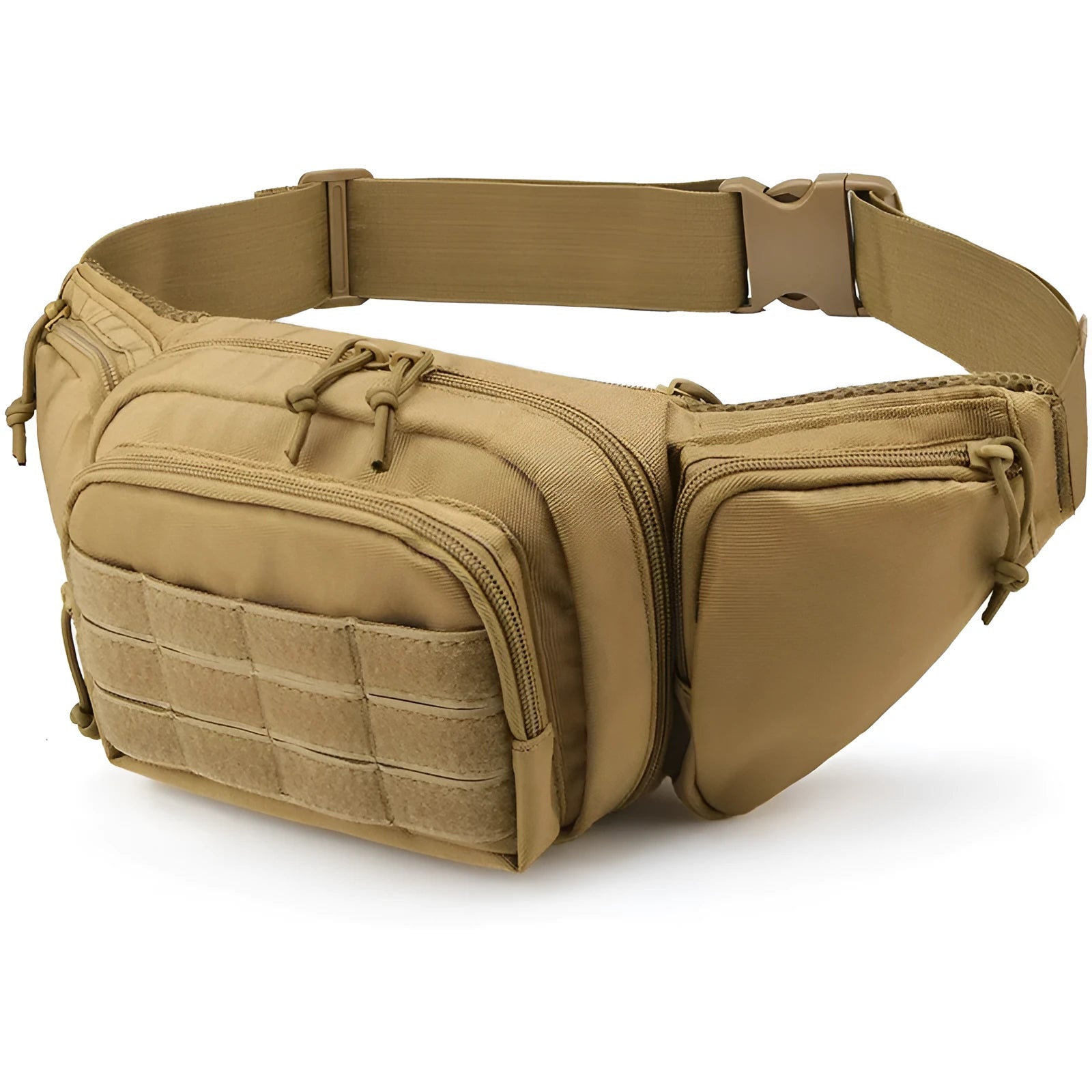 Tactical multifunctional waist bag in black or khaki, worn on the waist without shoulder straps.