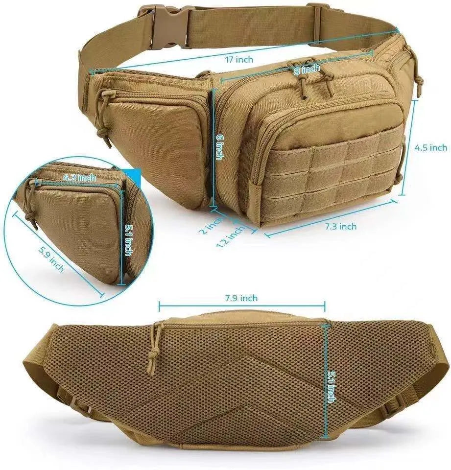 Tactical multifunctional waist bag in black or khaki, worn on the waist without shoulder straps.