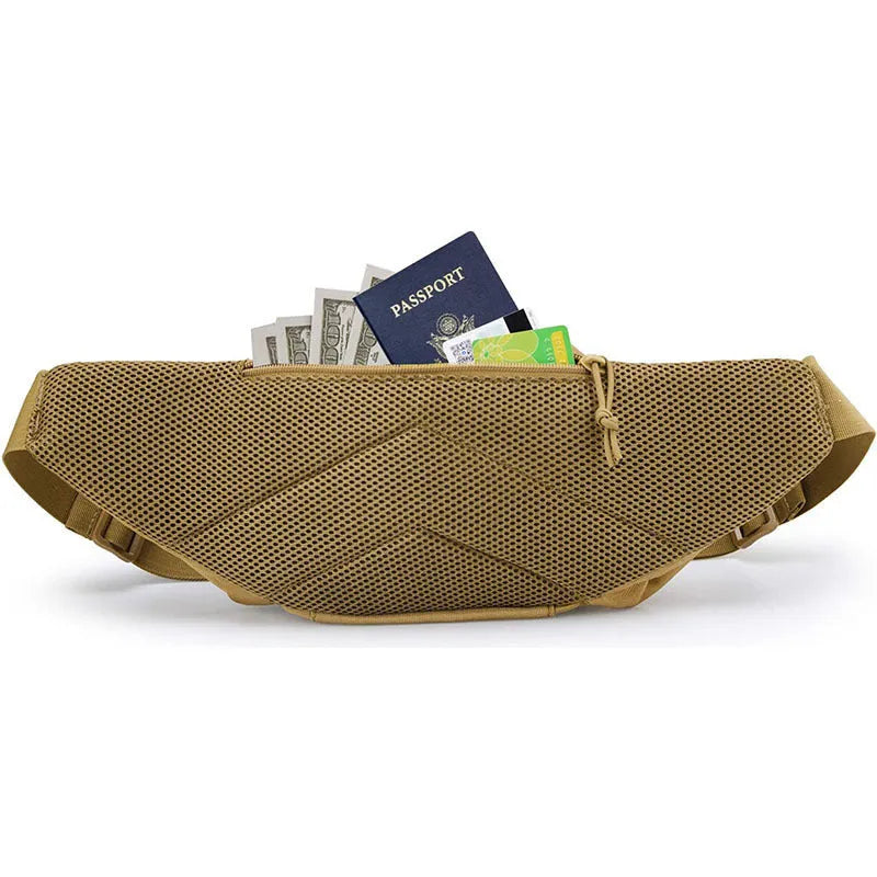 Tactical multifunctional waist bag in black or khaki, worn on the waist without shoulder straps.