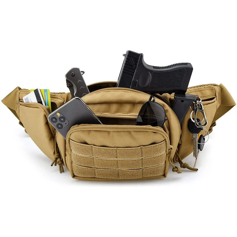 Tactical multifunctional waist bag in black or khaki, worn on the waist without shoulder straps.
