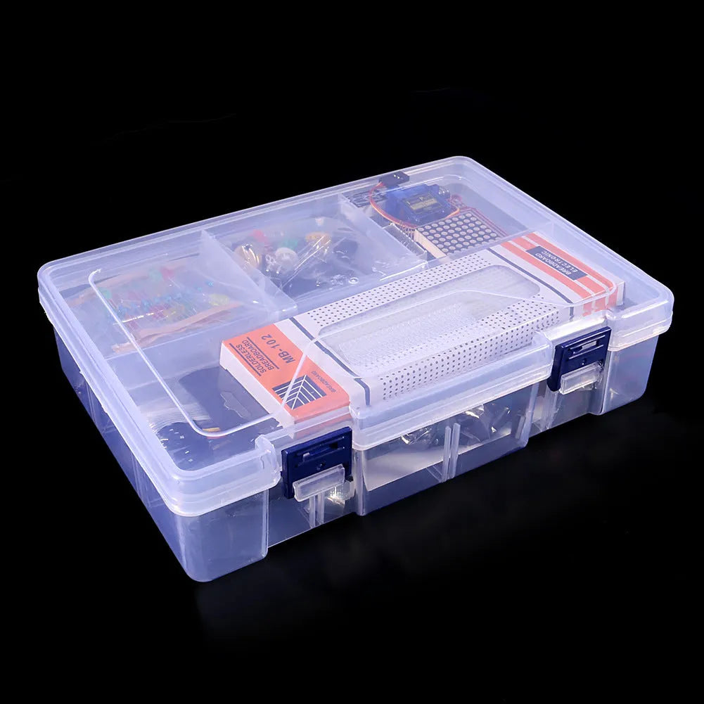 Arduino Improved UNO R3 RFID Starter Kit white with UNO board, IIC 1602 LCD, RFID module, sensors, and actuators in a box