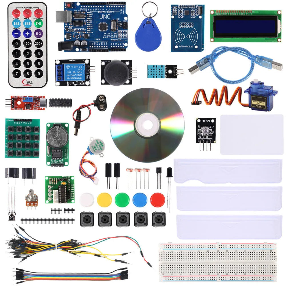 Arduino Improved UNO R3 RFID Starter Kit white with UNO board, IIC 1602 LCD, RFID module, sensors, and actuators in a box