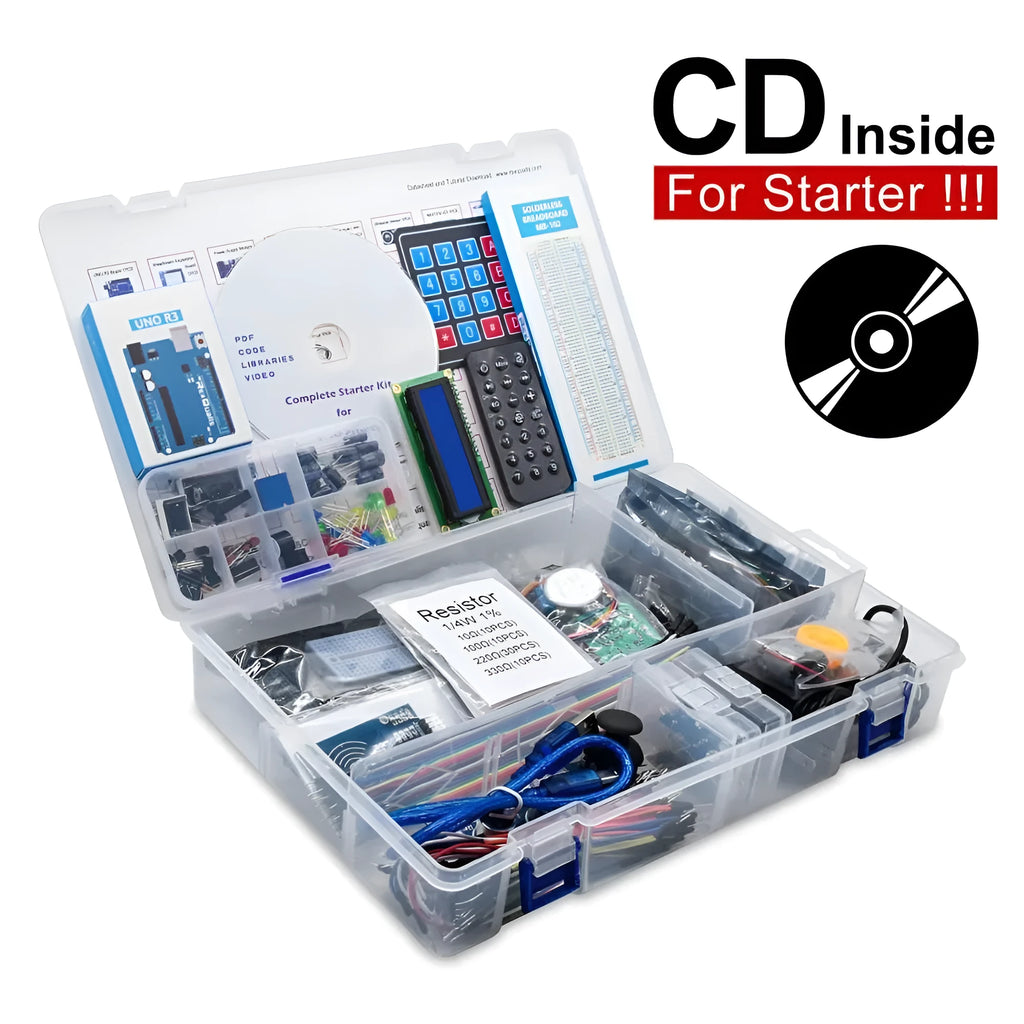 Arduino Improved UNO R3 RFID Starter Kit white with UNO board, IIC 1602 LCD, RFID module, sensors, and actuators in a box