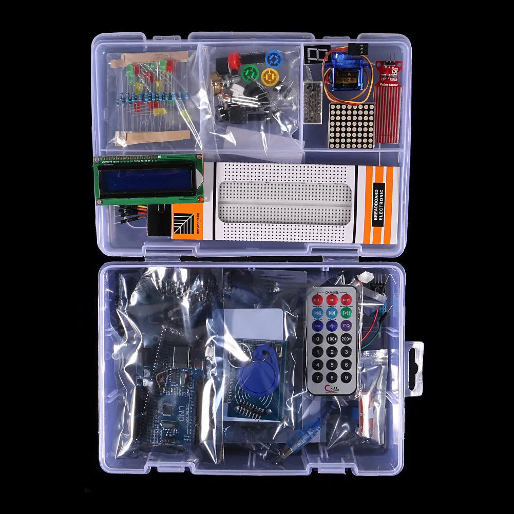 Arduino Improved UNO R3 RFID Starter Kit white with UNO board, IIC 1602 LCD, RFID module, sensors, and actuators in a box